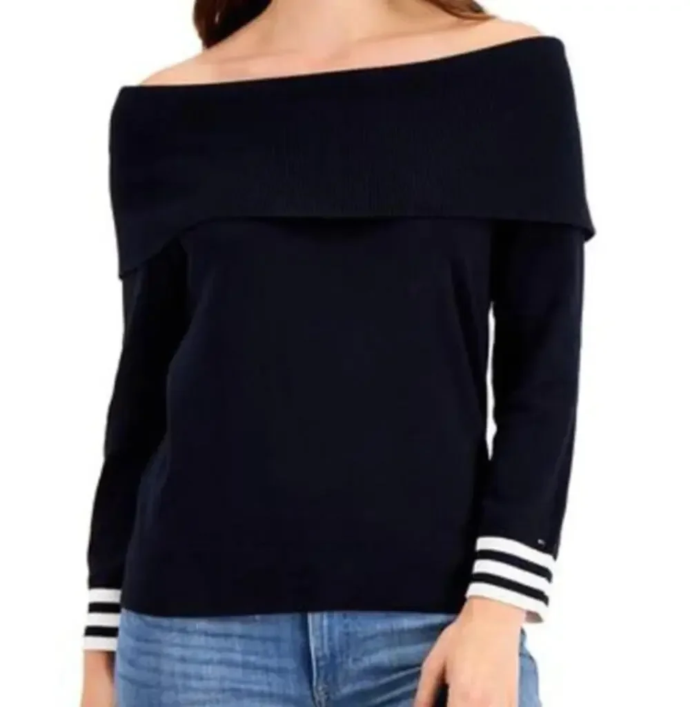 Tommy Hilfiger Women's Navy Blue & White Off-the-Shoulder Cowl Neck Sweater, 2X